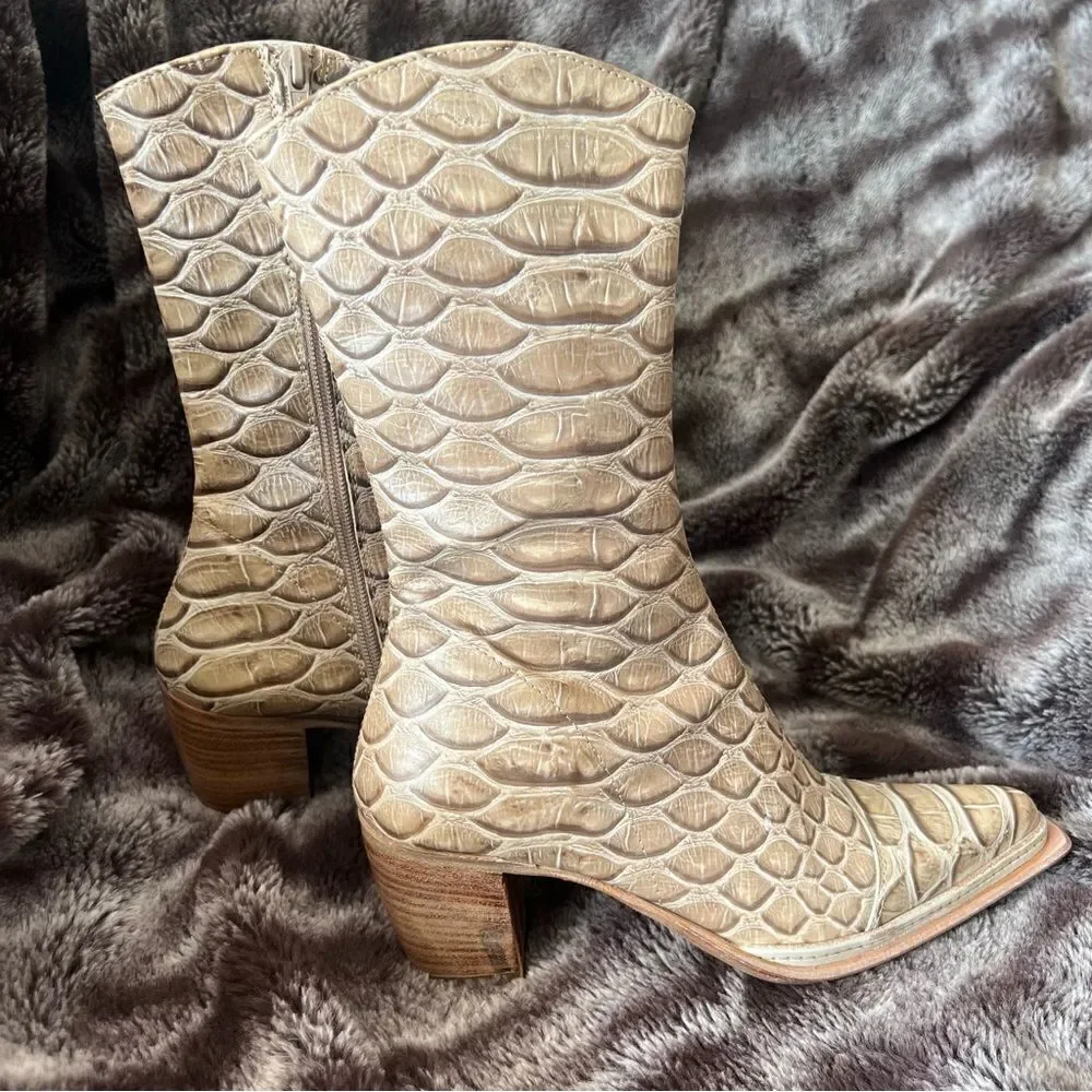 VINCENT Ankle Boots Beige Leather Croco Print Exterior Made in Italy Size 36.